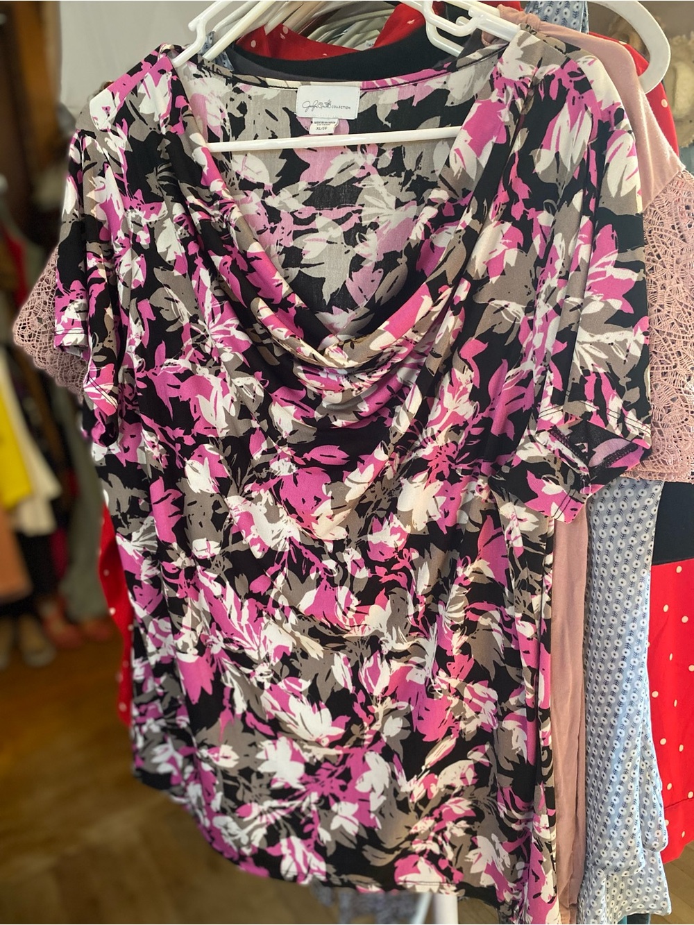 Jaclyn Smith Black, Pink & Cream Floral Cowl Neck Blouse - Picture 2 of 5